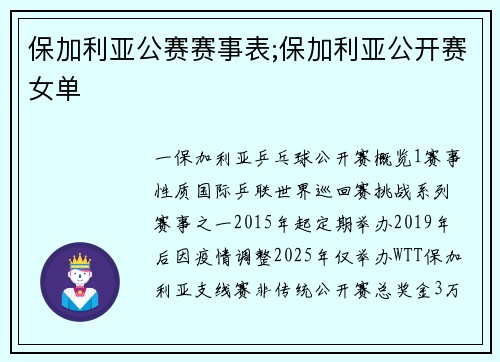 保加利亚公赛赛事表;保加利亚公开赛女单